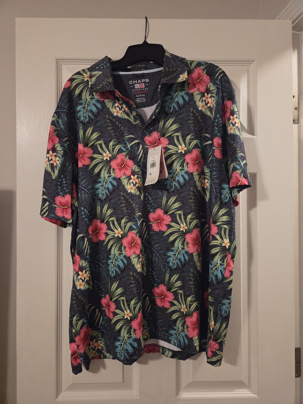 Chaps Men’s Navy Tropical Floral  Shirt - Pink Hibiscus